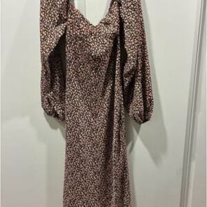 Emory Park Brown Floral Maxi Dress – Puff Sleeve Square Neck – Size L – NWT